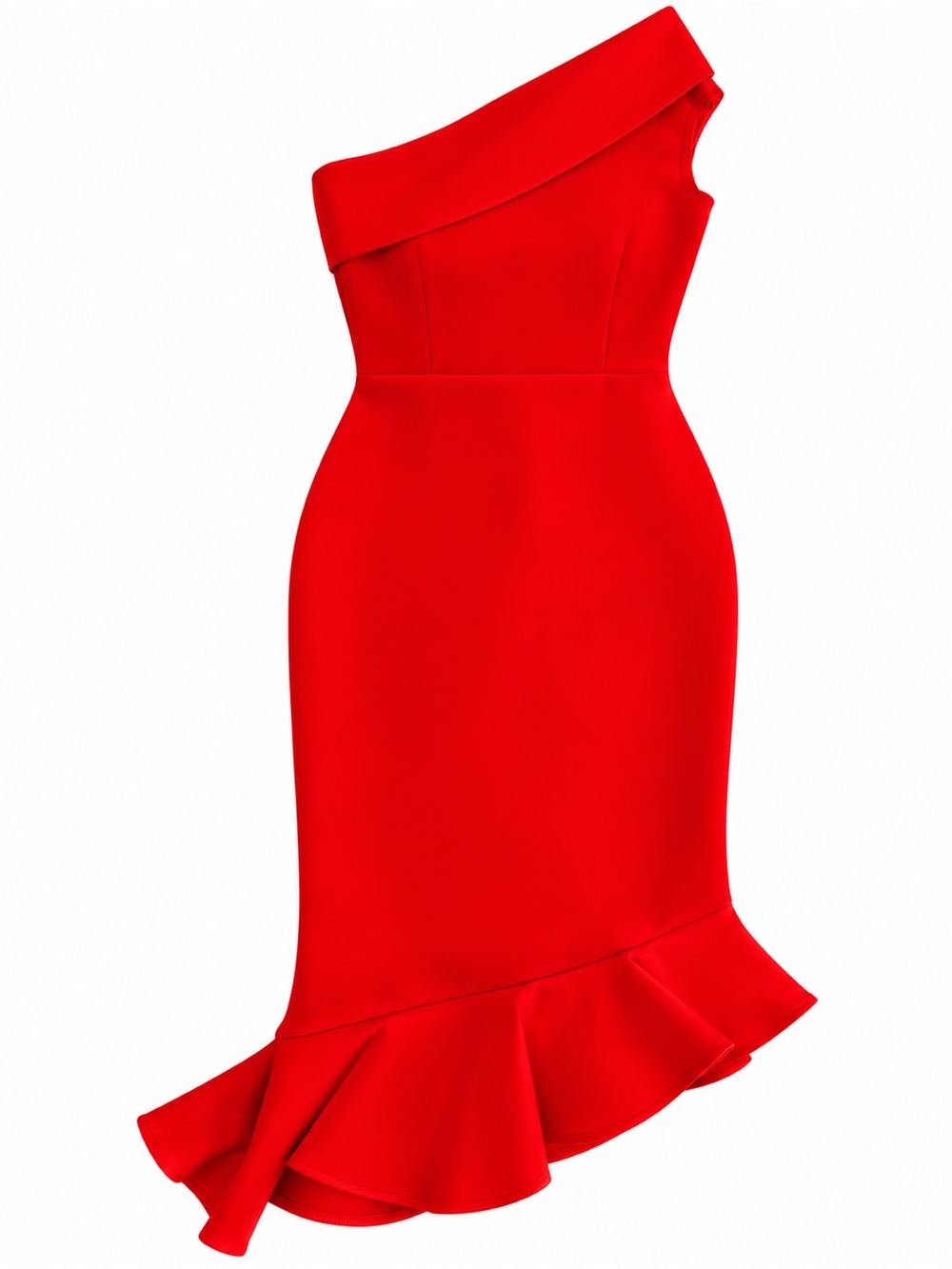Red One Shoulder Bodycon Midi Dress Asymmetrical Ruffle Hem Gold Zipper